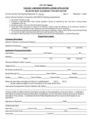 Fillable Online City Of Tomah Application For Taxicab License Fax Email