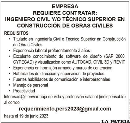 EMPRESA REQUIERE CONTRATAR INGENIERO CIVIL Y O T CNICO SUPERIOR EN