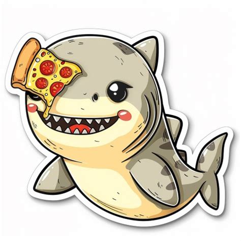 Cute Kawaii Stickers Shark Eating Pizza On White Background