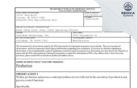Carlsbad Technology Inc Form 483 2021 11 05 Redica Systems Store