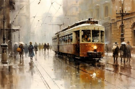 Premium AI Image | painting of a tram