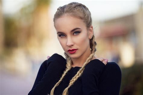 Blonde Pigtails Red Lipstick Depth Of Field Pink Nails Women