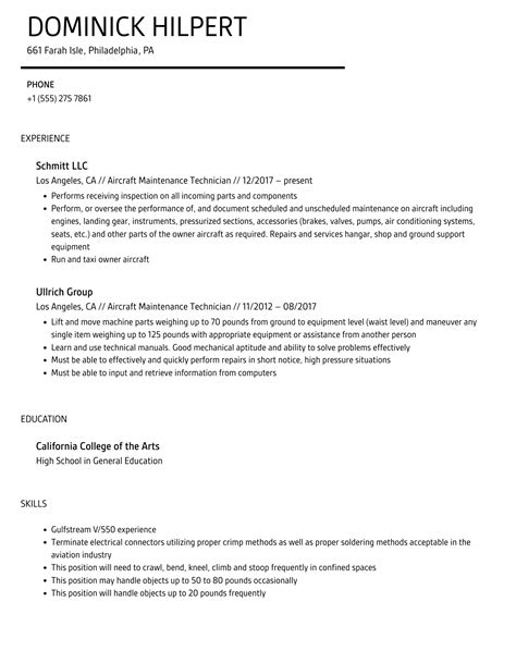 Aircraft Maintenance Technician Resume Samples | Velvet Jobs