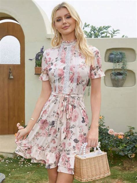 Eilly Bazar Floral Print Ruffle Hem Belted Dress Shein Usa