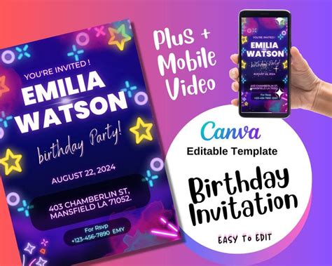 Birthday Invitation Template Lights Party Neon Glow Birthday Invitation