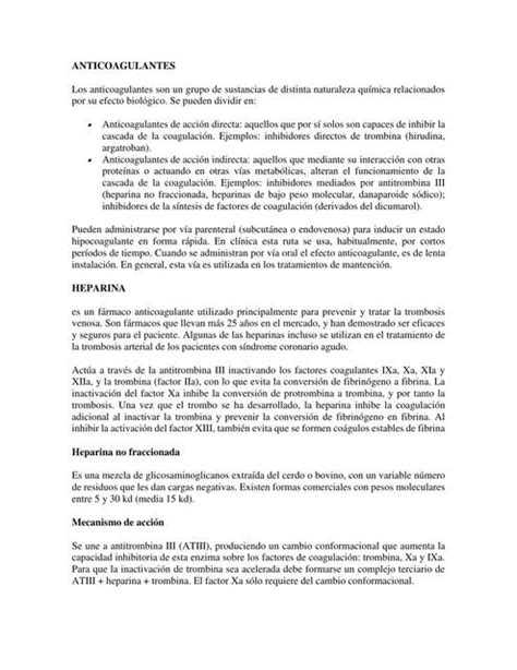 Anticoagulantes Clasificaci N Mecanismo De Acci N Mabel Pariona