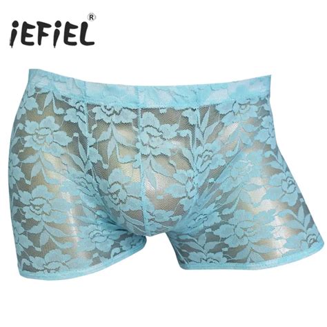 Iefiel Men Lingerie Mesh Lace Open Butt Boxer Briefs Shorts Underwear Underpants See Through