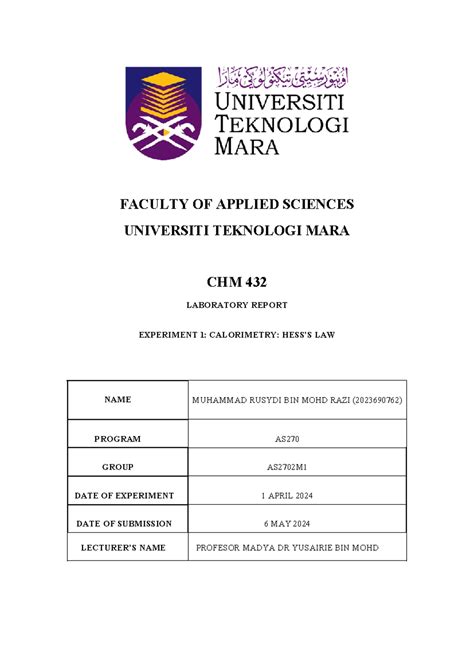 Chm Experiment Faculty Of Applied Sciences Universiti Teknologi