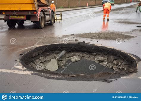 Pothole Being Fixed With New Road Surface Piece Being Placed Over The