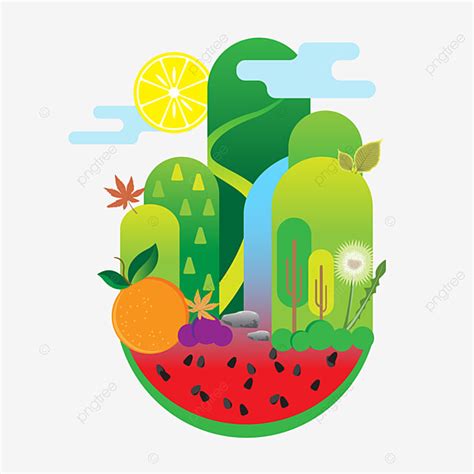 Cartoon Hand Drawn Colorful Sun Cloud Mountain Fruit Paradise Cartoon