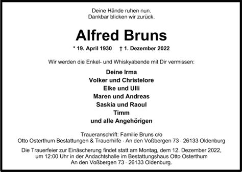 Traueranzeigen Von Alfred Bruns Nordwest Trauer De