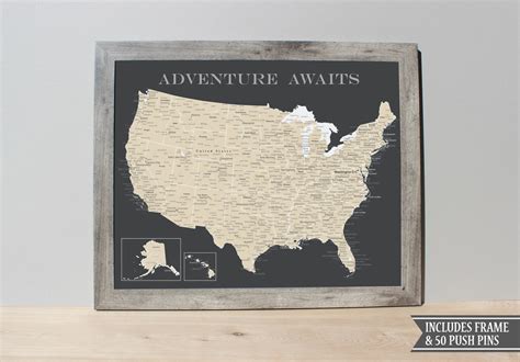 Usa Push Pin Map With Frame And 50 Push Pins Road Trip Map Etsy