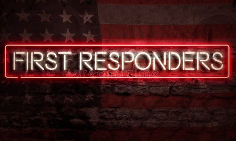 First Responders Patriotic Neon Sign On Brick American Flag Stock Photo