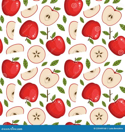 Seamless Vector Pattern Of Red Apples On A White Background Stock