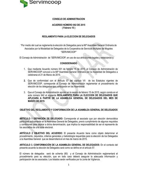 Pdf Acuerdo Número 002 Reglamento Para Elección Delegados F