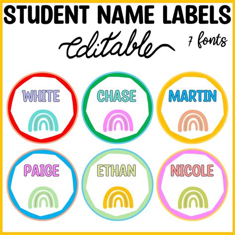 Rainbow Name Tags Student Name Labels Printable Editable Tags