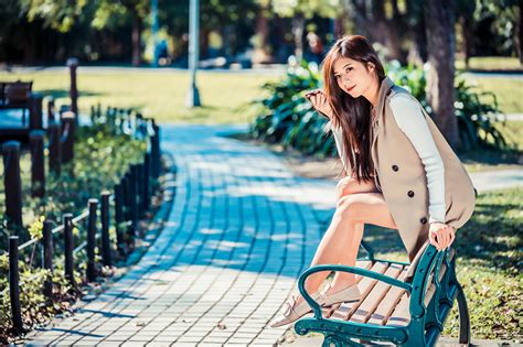 Image Bokeh Female Legs Asian Bench Sitting