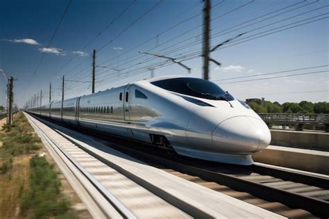 Premium Photo Bullet Train Speeding On Tracks With Mountains