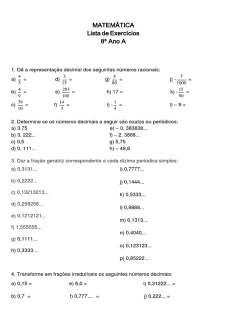 Lista De Exercícios De Números Racionais E Irracionais Pdf Número