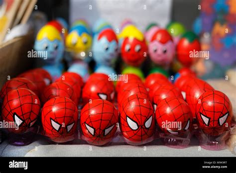 Funny Easter eggs. Colorful painted eggs with Spiderman and funny faces ...