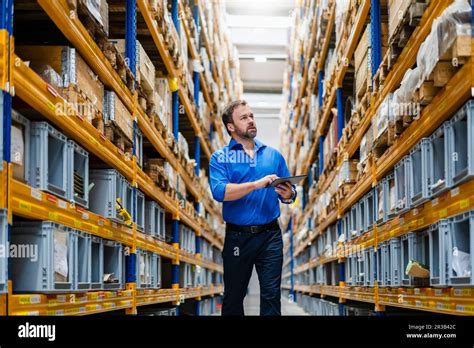 Mature Businessman Taking Inventory In Factory Warehouse Stock Photo