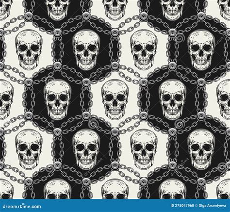 Hexagonal Pattern With Human Skulls Chains Stock Vector Illustration