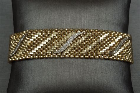 Midcentury Diamond 14 Karat Gold Mesh Bracelet For Sale At 1stdibs