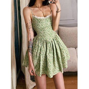 Emmiol Free Shipping 2024 Tie Back Floral Green Mini Dress Green L In