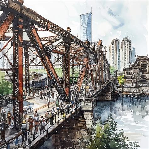 A Painting Of People Walking Across A Bridge With A Building In The