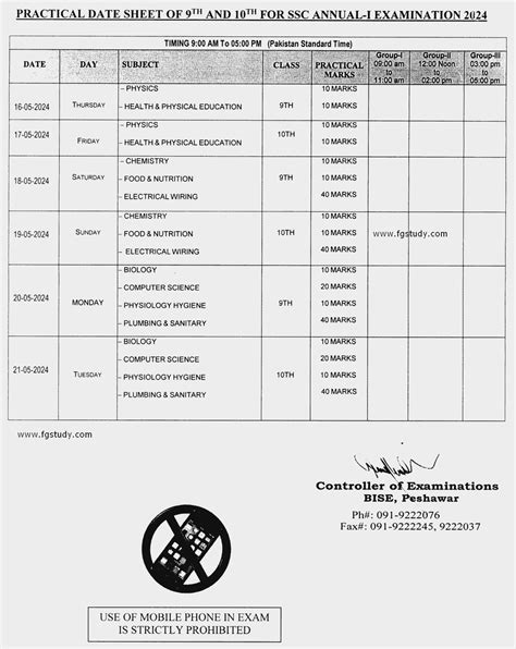 Bise Peshawar Board Date Sheet Th Class Fg Study