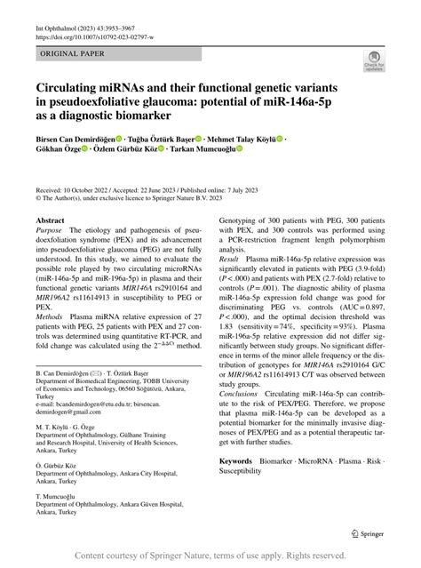 Circulating Mirnas And Their Functional Genetic Variants In