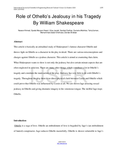 Pdf Role Of Othello S Jealousy In His Tragedy By William Shakespeare Naseer Ahmed