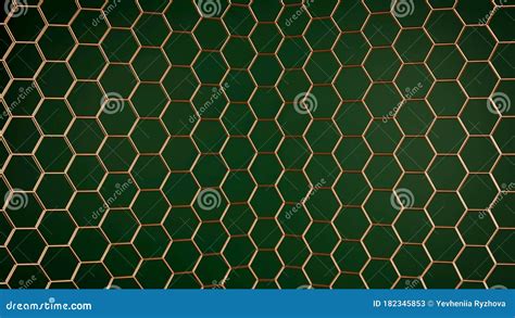 Golden Honeycomb Grid Over Green Backgorund Copper Hexagonal Pattern