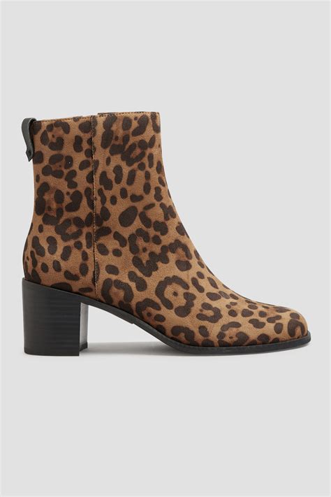 Lts Brown Leopard Print Block Heel Ankle Boots In Standard D Fit Long