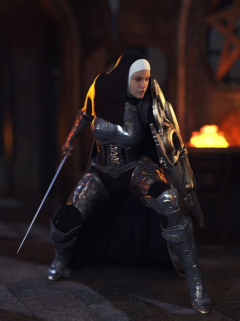 CGI Render Nuns Warrior Fantasy Art Fantasy Girl Sword Shield