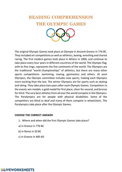 Olympic Games Interactive Worksheet Olympic Games Reading