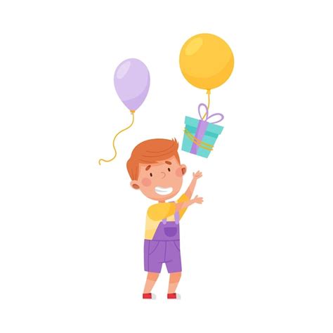 Premium Vector Joyful Boy Character Catching Gift Box With Balloon