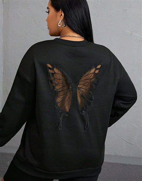 Bluza Czarna Lu Na Okr Y Dekold Motyl Na Plecach Shein