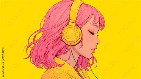 Young Anime Girl Listening Music With Headphones Cartoon Drawing Manga Girl Lofi Hip Hop Music