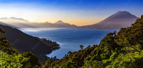 Guatemala. Panoramic view of Lake Atitlan (Lago de Atitlan). There are ...