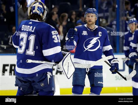 Tampa Bay Lightning Center Steven Stamkos 91 Celebrates With Goalie