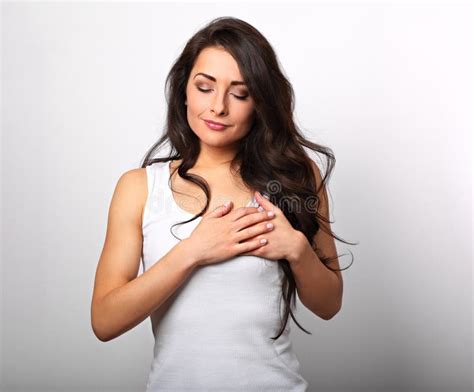 Beautiful Woman Love Holding Herself Chest Heart Two Hand Stock Photos