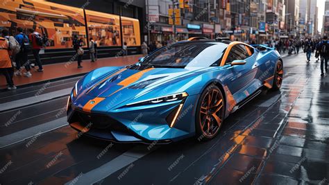 Premium Ai Image Futuristic Blue And Orange Sports Car On City Street