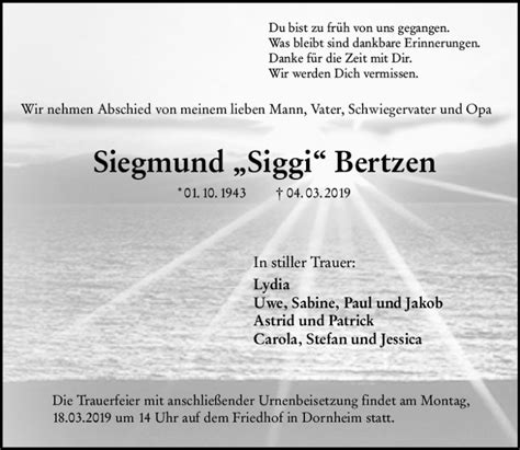 Traueranzeigen Von Siegmund Siggi Bertzen Vrm Trauer De