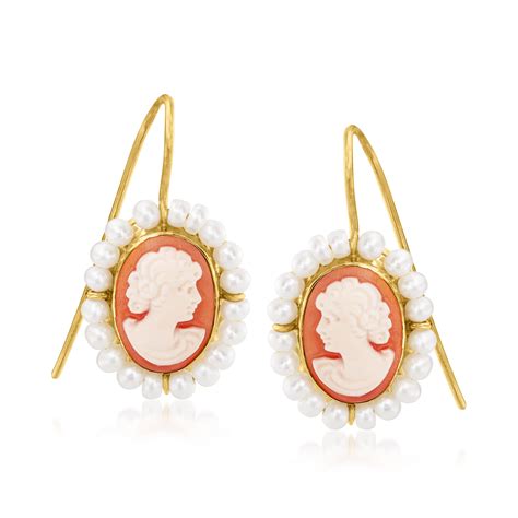 Italian Orange Shell Cameo Drop Earrings With Mm Cultured Pearls