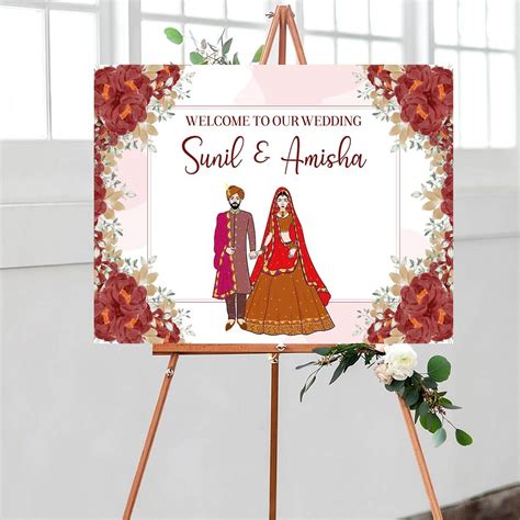 Indian Wedding Welcome Sign With Bride And Groom Illustration