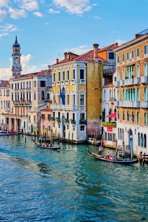 Grand Canal With Boats And Gondolas On Sunset Venice Italy Editorial