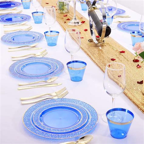 Pcs Clear Blue Plastic Plates With Gold Rim Gold Plastic Etsy