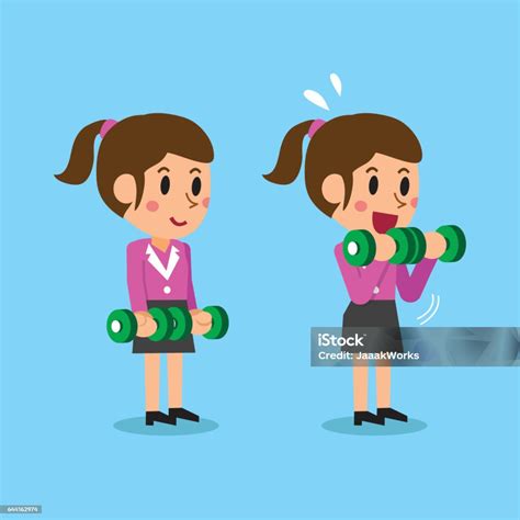 Pengusaha Kartun Melakukan Pelatihan Langkah Dumbbell Bicep Curls