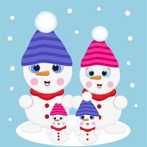 Familia de muñecos de nieve año nuevo y navidad Vector Premium